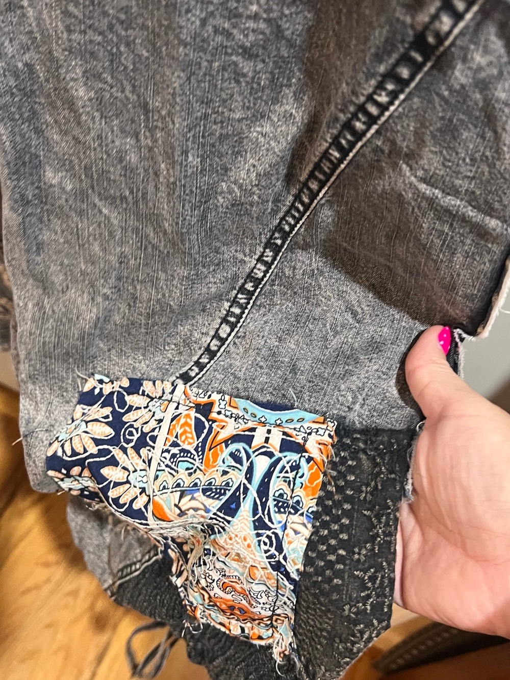 Oli &Hali NWOT Patchwork Gray Denim Overalls with Paisley Accents - Picture 2 of 5